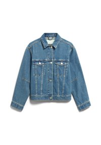 Lichtblauwe denimjacket met een klassieke kraag, sluiting met knopen aan de voorkant, borstzakken en zichtbare stiksels. Standaard pasvorm met lange mouwen.