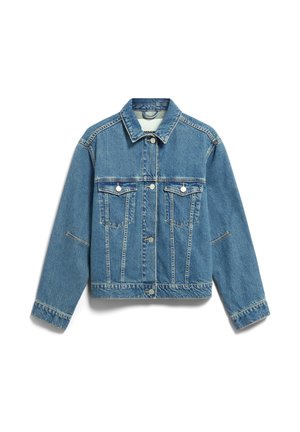 Helle blaue Jeansjacke mit klassischem Kragen, Knopfverschluss vorne, Brusttaschen und sichtbaren Nahtdetails. Standardpassform mit langen Ärmeln.
