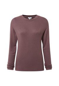 Long-sleeve, ribbed knit top in a muted mauve color, featuring a round neckline and gathered cuffs. Soft texture and form-fitting design.