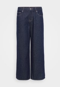 Mörkblå vida jeans i denim med en klassisk femfickorsdesign, med knapplås och dragkedja. Kanten är sydd.