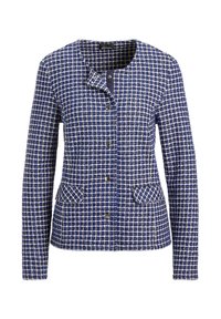 Marineblau-weiß karierte Jacke aus strukturiertem Stoff, mit rundem Ausschnitt, zwei vorderen Taschen und silbernen Knopfverschlüssen.