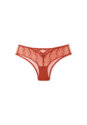 Rote Spitzenslips mit floralem Muster, die durchsichtige Netzseiten und einen soliden Stoffrücken bieten. Feine Details betonen das Gesamtdesign.