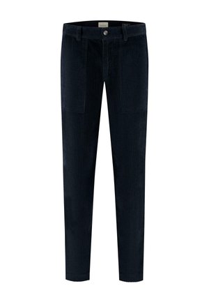 Tmavě modré kordové kalhoty rovného střihu s jemnými vertikálními pruhy, s předním zapínáním na knoflík a dvěma našitými kapsami.