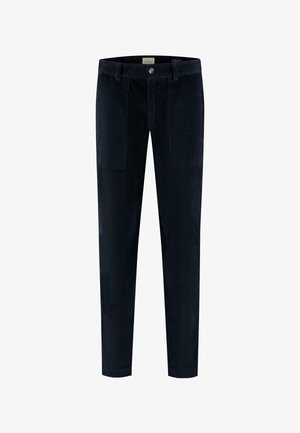 Tmavě modré kordové kalhoty rovného střihu s jemnými vertikálními pruhy, s předním zapínáním na knoflík a dvěma našitými kapsami.