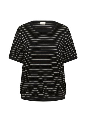 T-shirt noir à manches courtes avec des rayures blanches horizontales, encolure ronde, coupe ample et texture douce. Design simple sans accents notables.