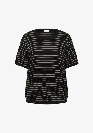 T-shirt noir à manches courtes avec des rayures blanches horizontales, encolure ronde, coupe ample et texture douce. Design simple sans accents notables.