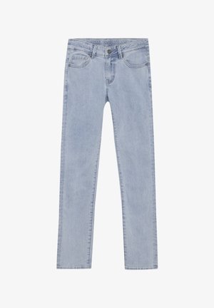 Lichtblauwe denim jeans met een rechtlopende pasvorm, vijf zakken, met een zichtbaar stiksels patroon en een merketiket op de tailleband.