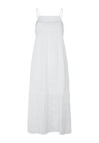 Robe maxi blanche sans manches avec fines bretelles ajustables, encolure carrée et détails de broderie à œillets.