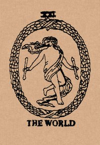 Illustrazione nera di una figura in un indumento drappeggiato che tiene due bastoni, circondata da un bordo intrecciato, su uno sfondo beige texturizzato.