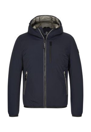 Marineblaue wasserdichte Jacke mit Kapuze, Reißverschluss vorne und zwei seitlichen Taschen. Verfügt über eine isolierte Fütterung und kontrastierende graue Akzente.