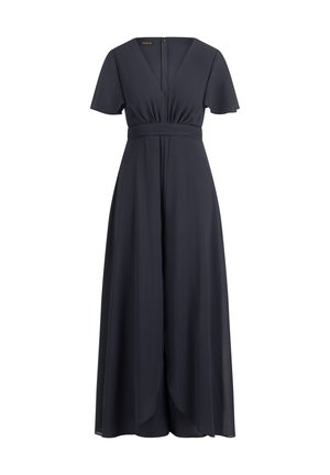 Navy blauwe, floor-length jurk met een V-hals, korte vlindermouwen, geplooide taille en een rechte, vloeiende rok. Heeft een ritssluiting aan de achterkant.