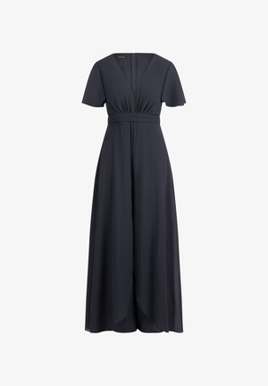 Marineblaues, bodenlanges Kleid mit V-Ausschnitt, kurzen, schwingenden Ärmeln, geraffter Taille und einem geraden, fließenden Rock. Verfügt über einen Reißverschluss im Rücken.