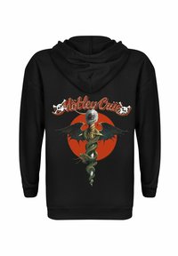 Svart hettegenser med grafisk design av en slange og en ugle på toppen, satt mot en rød sirkel, akkompagnert av "Motley Crue"-teksten.