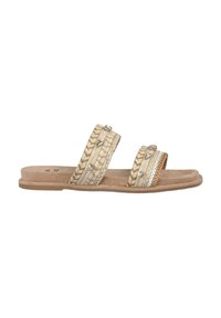 Sandali beige intrecciati con due fasce spesse, caratterizzati da una texture intrecciata e decorazioni. Suola morbida e piatta in una tonalità più chiara.
