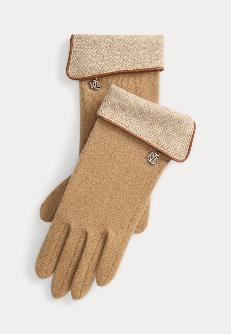Brown gloves made of soft fabric with a herringbone-patterned cuff, featuring a contrasting trim and a small metallic logo detail.
