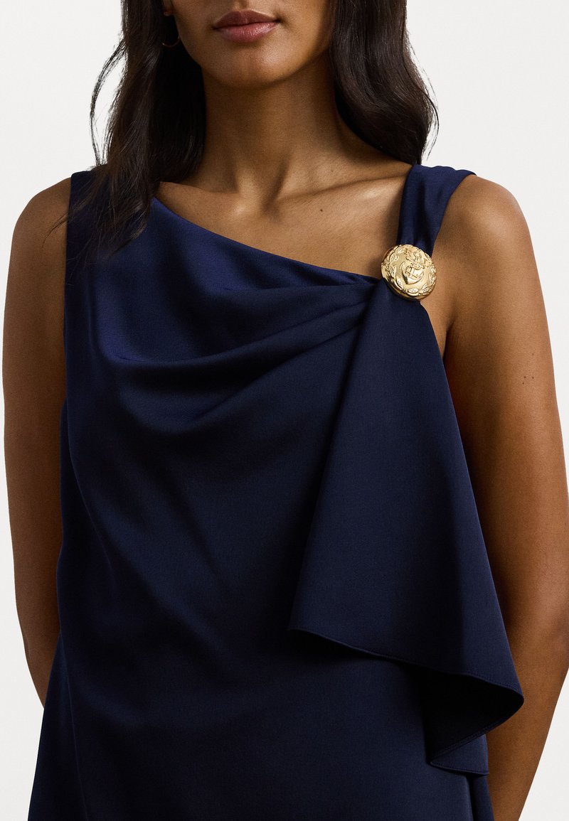 blue satin shift dress St. John