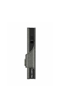 Black cardholder with a textured gray exterior, sleek design, and visible sliding mechanism. Features embossed logo and metal accents.