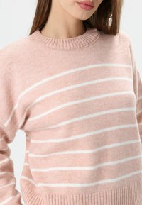 Lichtroze gebreide trui met witte horizontale strepen, geribde ronde hals en gestructureerde stof. Toont een deel van de mouw en schouder.