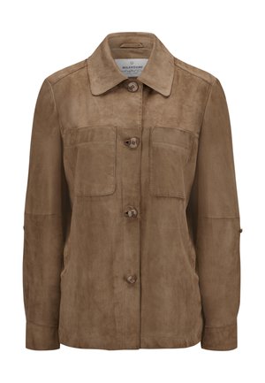 Brown suede jacket with a collared neck, four front pockets, and button closures. Features a smooth texture and relaxed silhouette.