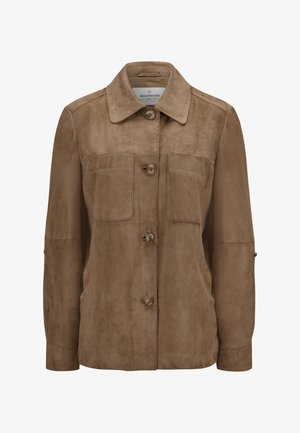 Brown suede jacket with a collared neck, four front pockets, and button closures. Features a smooth texture and relaxed silhouette.