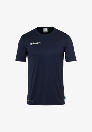 Mørkeblå kortærmet sports skjorte med "uhlsport" logo på brystet og "SUPER ULTRALITE" tekst nær kanten.