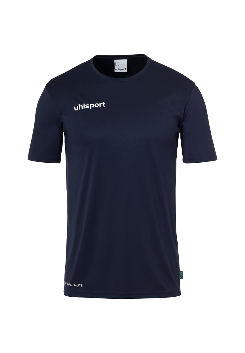 Camisa deportiva de manga corta azul marino con el logo de "uhlsport" en el pecho y el texto "SUPER ULTRALITE" cerca del dobladillo.