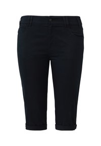 Pantaloni neri tagliati in cotone con una texture liscia, caratterizzati da una vita aderente, tasche frontali e orli arrotolati.