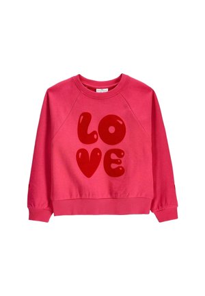 Różowa bluza z długim rękawem z dużymi czerwonymi literami „bubble” tworzącymi napis "LOVE" na przodzie, ze ściągaczem przy kołnierzu, mankietach i dole.