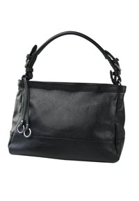 Sac à main en cuir noir avec une forme structurée, surface texturée et une seule anse incurvée. Équipé de quincaillerie en argent et de deux franges décoratives.