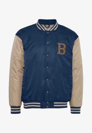 Meeste ülikooli jakk, millel on tumesinine keha, beežid varrukad ja triibulised mansetid. Omab 'B' aplikaati ja nööbiga sulgemist.