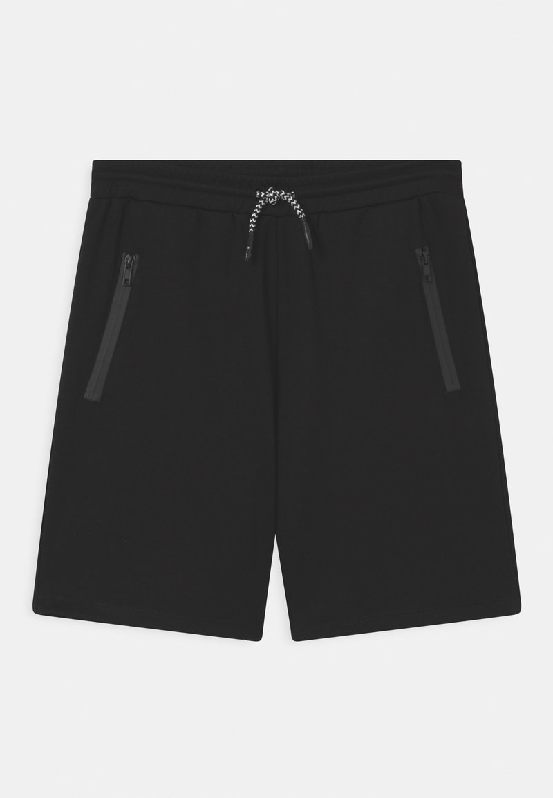 Short de sport noir avec taille élastique, cordon noir et blanc et deux poches verticales zippées à l'avant.