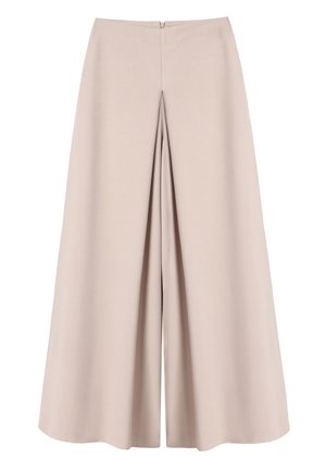 Pantaloni bej cu croială largă, detaliu cu pliuri frontale și talie înaltă, prevăzuți cu o închidere cu fermoar ascunsă în spate.