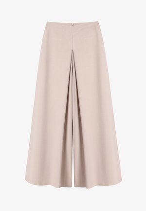 Pantaloni beige a gamba larga con piega frontale e vita alta, dotati di chiusura a zip nascosta sul retro.