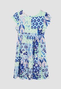 Leichtes, gemustertes Kleid mit verschiedenen blauen und grünen Blumen- und geometrischen Designs, mit rüschierten Kap sleeves und einem gestuften Saum.