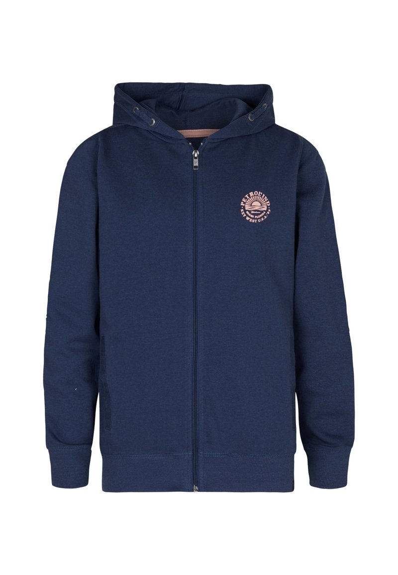 Felpa con zip color navy in misto cotone, con logo frontale, tasche a marsupio e cappuccio con coulisse. Polsini e orlo a costine.