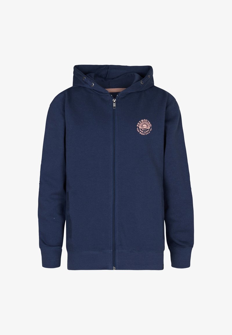 Mörkblå zip-up hoodie i bomullsblandning, med en framlogo, kengurufickor och dragsko i huvan. Ribbad muddar och nederkant.