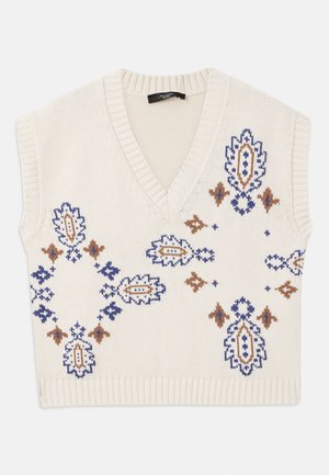 Ärmellose, cremefarbene Strickweste mit V-Ausschnitt, die mit kunstvollen blauen und braunen Blumenmustern verziert ist. Rippdetails an Kragen und Saum.