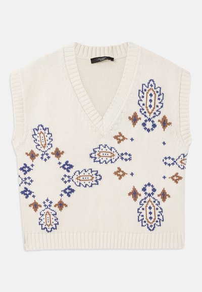Débardeur en tricot crème sans manches avec décolleté en V, mettant en avant des motifs floraux bleu et brun complexes. Détails de col et d'ourlet côtelés.