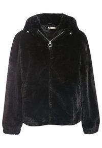 Sort faux fur jakke med hætte, lynlås foran og sølv hardware. Har en blød tekstur og en let løs pasform.