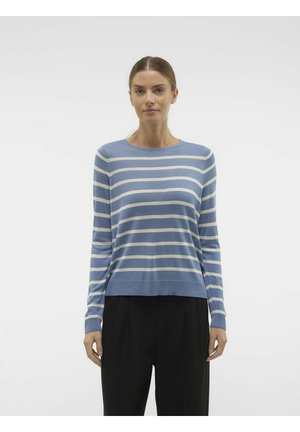 Maglione a righe blu con righe orizzontali color crema, scollo rotondo, maniche lunghe e vestibilità rilassata. Realizzato in un morbido materiale lavorato a maglia.