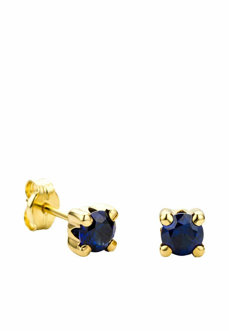Pendientes de aro de oro con gemas azules redondas, engastadas en cuatro garras, con un acabado pulido y un respaldo seguro para su sujeción.