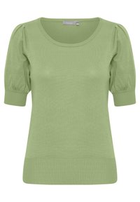 Bleg grön kortærmet sweater med rund halsudskæring, ribbet kant og puffærmer, lavet af blødt, strækbart materiale.