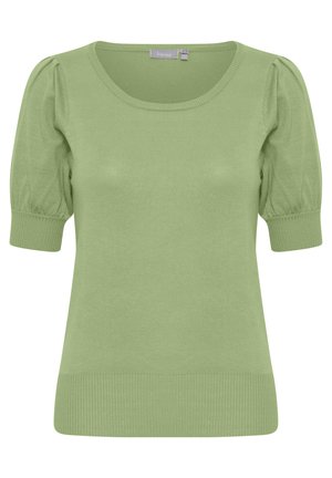 Vaaleanvihreä lyhythihainen neulepaita, jossa on pyöreä pääntie, ribbaus helman ympärillä ja puffihihat, valmistettu pehmeästä ja joustavasta materiaalista.