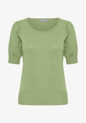 Jasnozielony sweter z krótkim rękawem, okrągłym dekoltem, prążkowanym wykończeniem i bufiastymi rękawami, wykonany z miękkiego, elastycznego materiału.