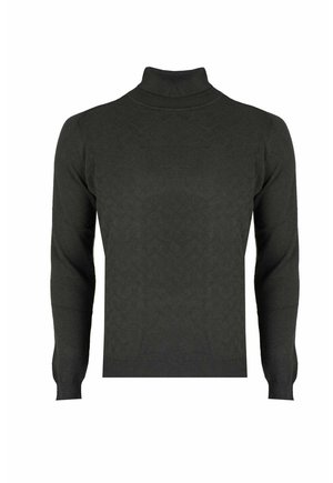 Mørkegrøn turtleneck sweater med lange ærmer, tekstureret diamantmønster, ribbede manchetter og kant, lavet af blødt strikket materiale.