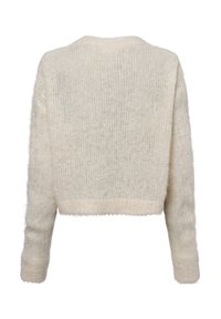 Kremfarget kort genser laget av mykt, fluffy materiale, med rund hals og lange ermer, med en subtil tekstur og detaljert kant.