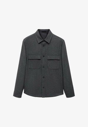 Charcoal gray flannel shirt with long sleeves, buttoned front, pointed collar, and two chest pockets. Textured fabric with a soft finish.