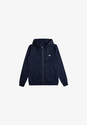 Námornícky zipsový mikina vyrobená z mäkkého materiálu, s kapucňou, dvoma prednými vreckami a malým logom na hrudi. Hladká textúra, ležérny dizajn.