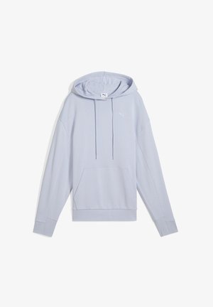 Jasnoniebieska bluza z kapturem wykonana z miękkiego materiału, z przednią kieszenią, kapturem ze sznurkiem i haftowanym logo na piersi.