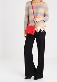 Maglione a righe grigio e beige con bordi in piume, pantaloni neri a gamba larga e una piccola borsa a tracolla rossa. Tessuto-texturizzato, design casual.